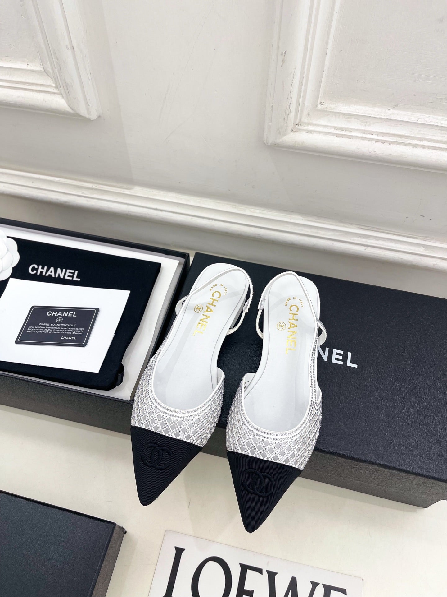 CHANEL 26S FLAT POINTED TOE SLINGBACK IN WHITE MESH WITH BLACK TOE CAP