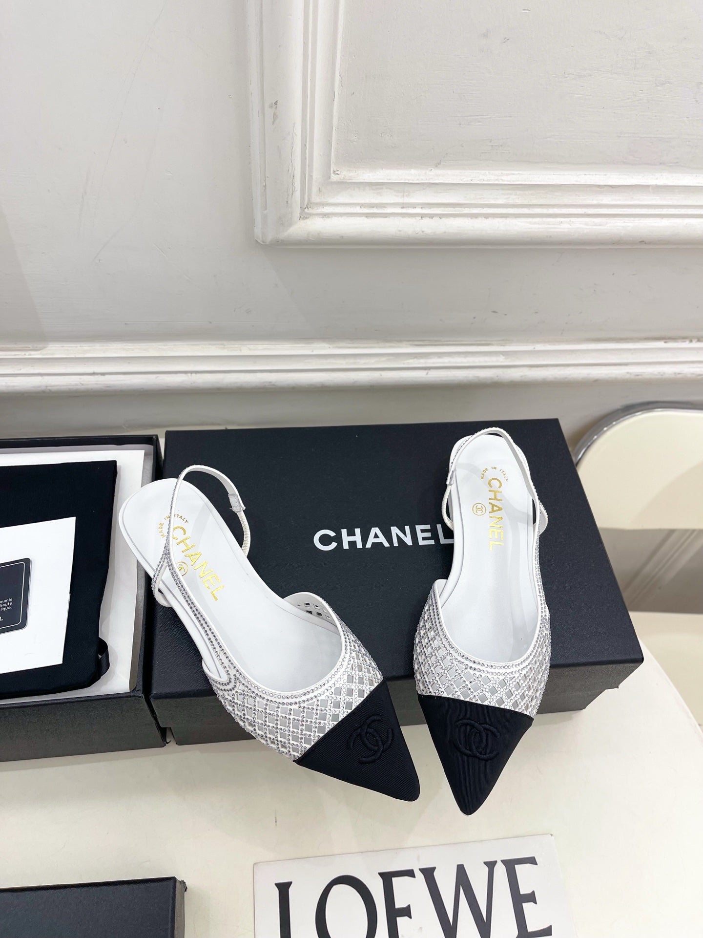 CHANEL 26S FLAT POINTED TOE SLINGBACK IN WHITE MESH WITH BLACK TOE CAP