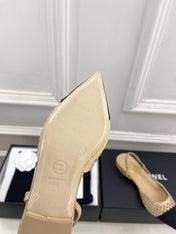 CHANEL 26S FLAT POINTED TOE SLINGBACK IN BEIGE MESH WITH BLACK TOE CAP