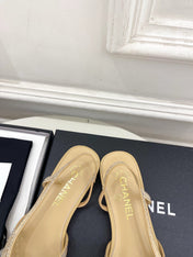 CHANEL 26S FLAT POINTED TOE SLINGBACK IN BEIGE MESH WITH BLACK TOE CAP