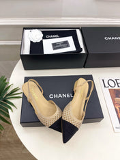 CHANEL 26S FLAT POINTED TOE SLINGBACK IN BEIGE MESH WITH BLACK TOE CAP