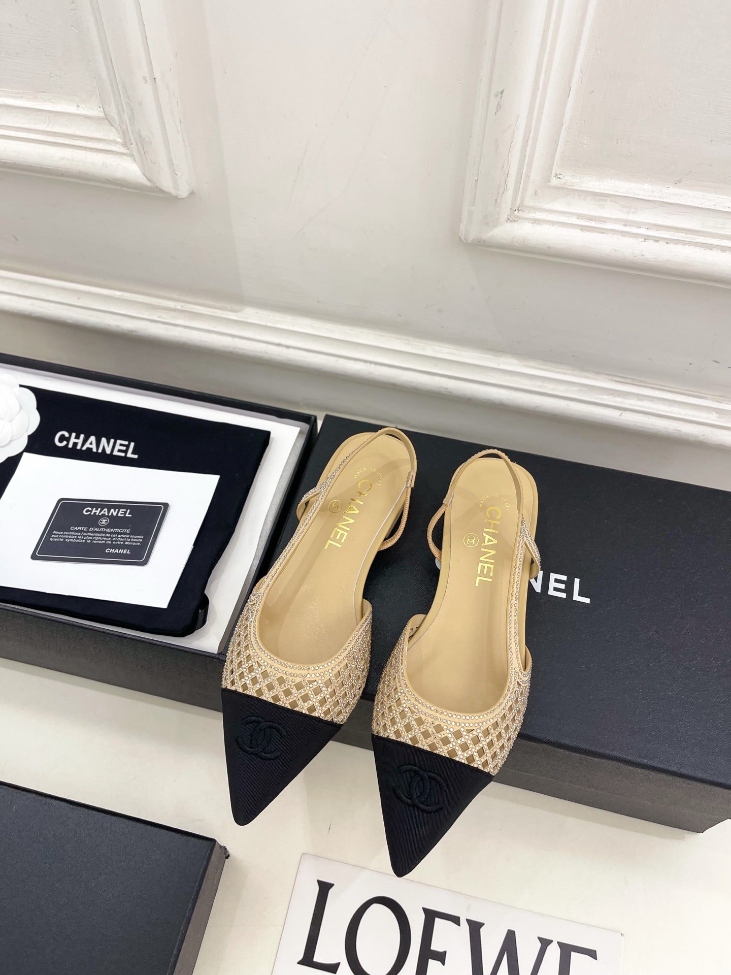 CHANEL 26S FLAT POINTED TOE SLINGBACK IN BEIGE MESH WITH BLACK TOE CAP