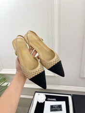 CHANEL 26S FLAT POINTED TOE SLINGBACK IN BEIGE MESH WITH BLACK TOE CAP