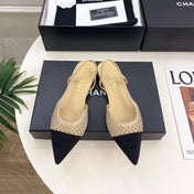 CHANEL 26S FLAT POINTED TOE SLINGBACK IN BEIGE MESH WITH BLACK TOE CAP
