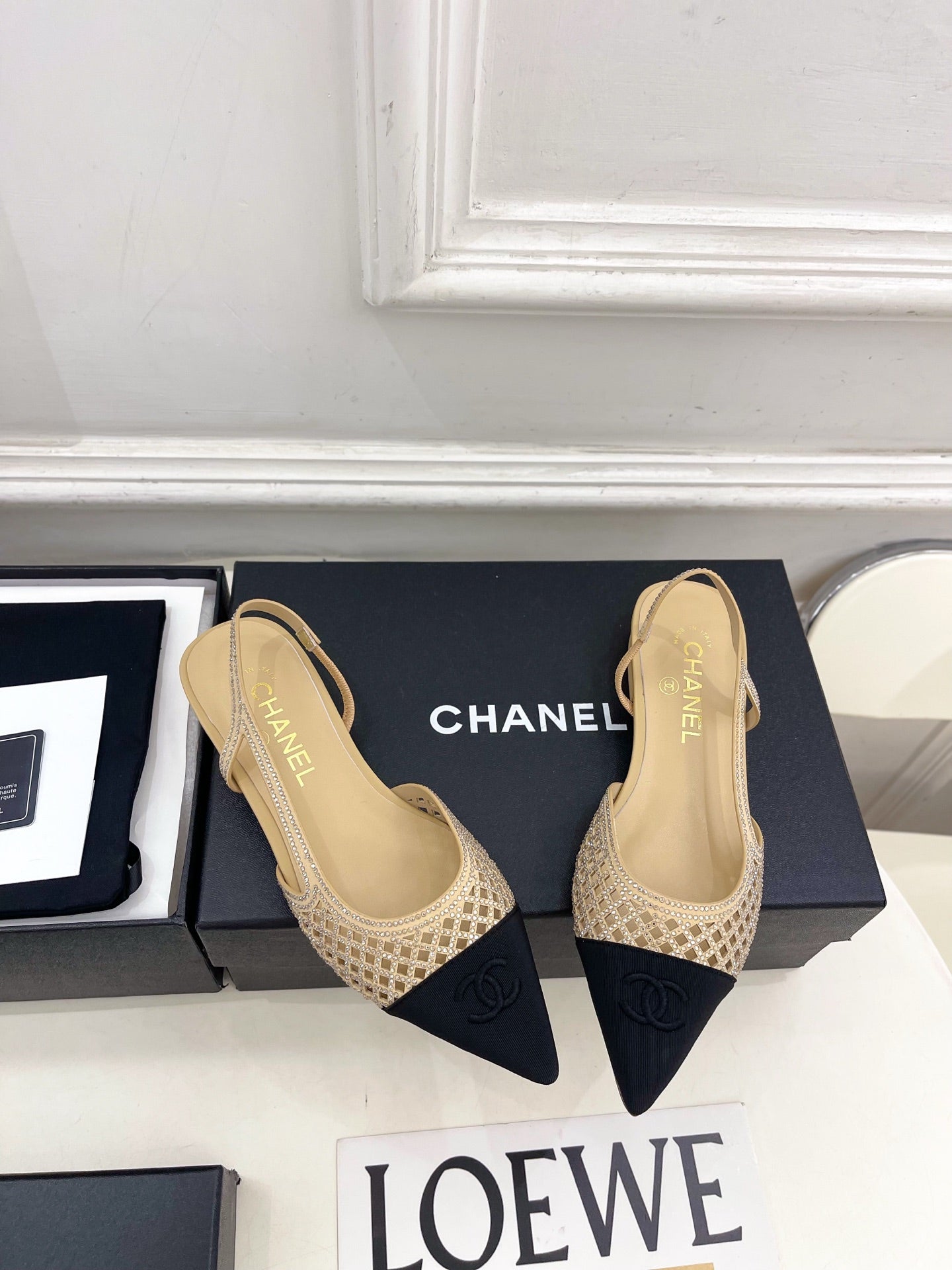 CHANEL 26S FLAT POINTED TOE SLINGBACK IN BEIGE MESH WITH BLACK TOE CAP