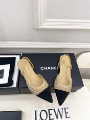 CHANEL 26S FLAT POINTED TOE SLINGBACK IN BEIGE MESH WITH BLACK TOE CAP