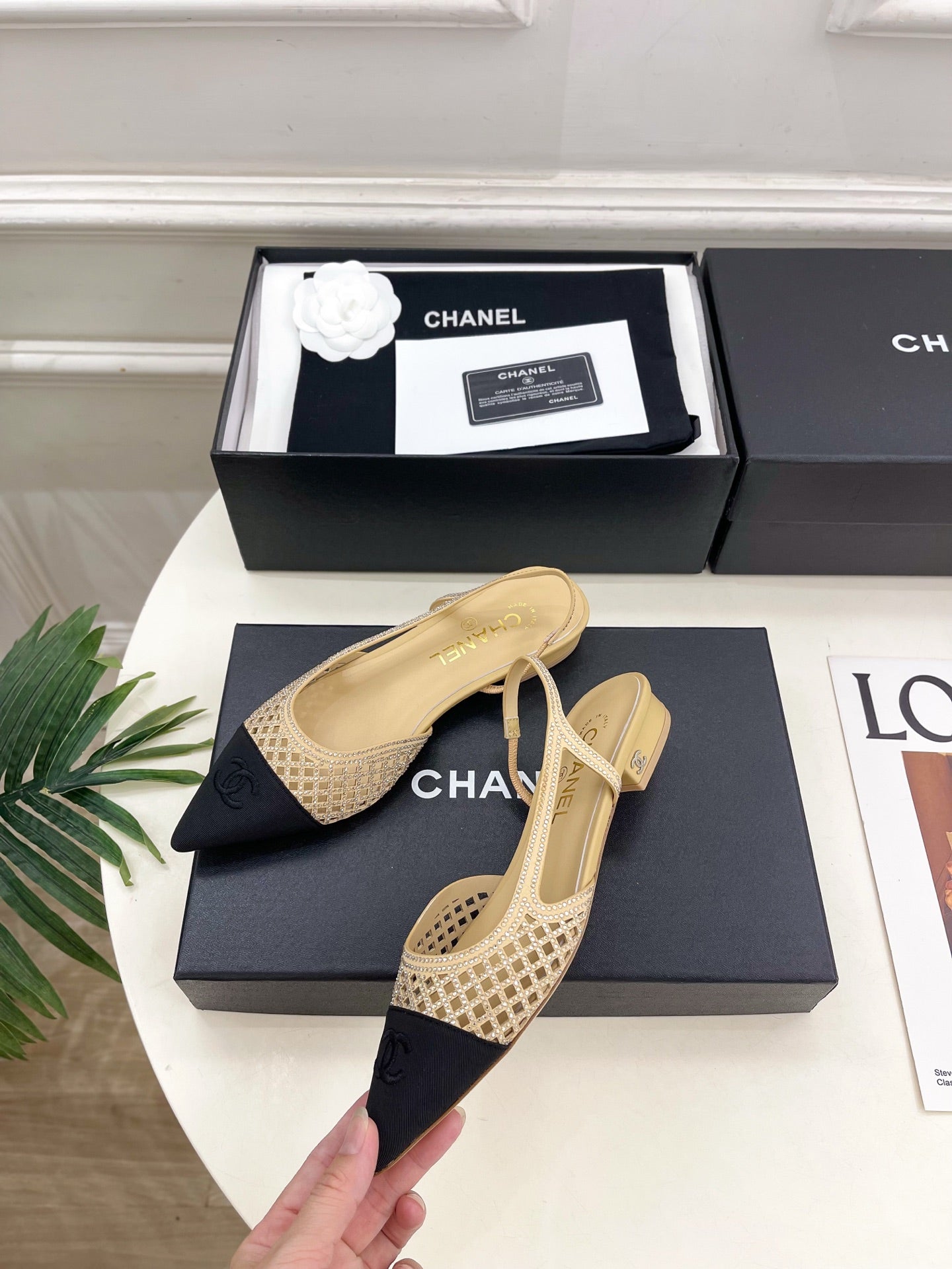CHANEL 26S FLAT POINTED TOE SLINGBACK IN BEIGE MESH WITH BLACK TOE CAP
