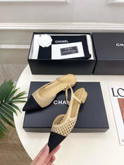CHANEL 26S FLAT POINTED TOE SLINGBACK IN BEIGE MESH WITH BLACK TOE CAP