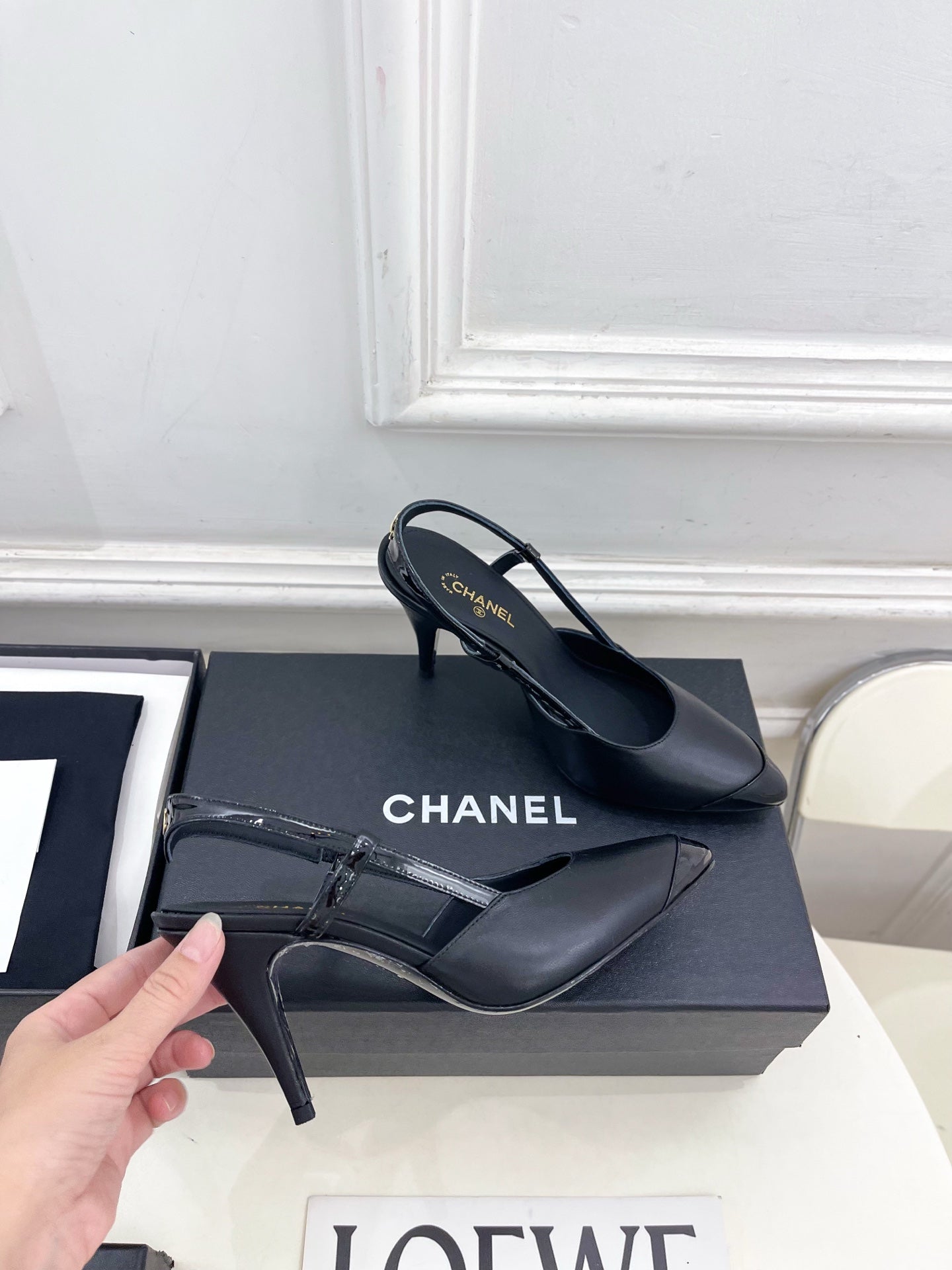 CHANEL 26S POINTED TOE SLINGBACK PUMPS 90 MM IN BLACK LAMBSKIN