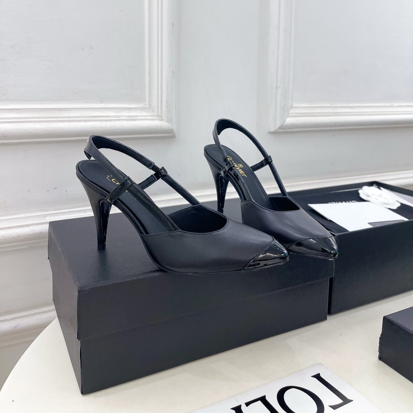 CHANEL 26S POINTED TOE SLINGBACK PUMPS 90 MM IN BLACK LAMBSKIN