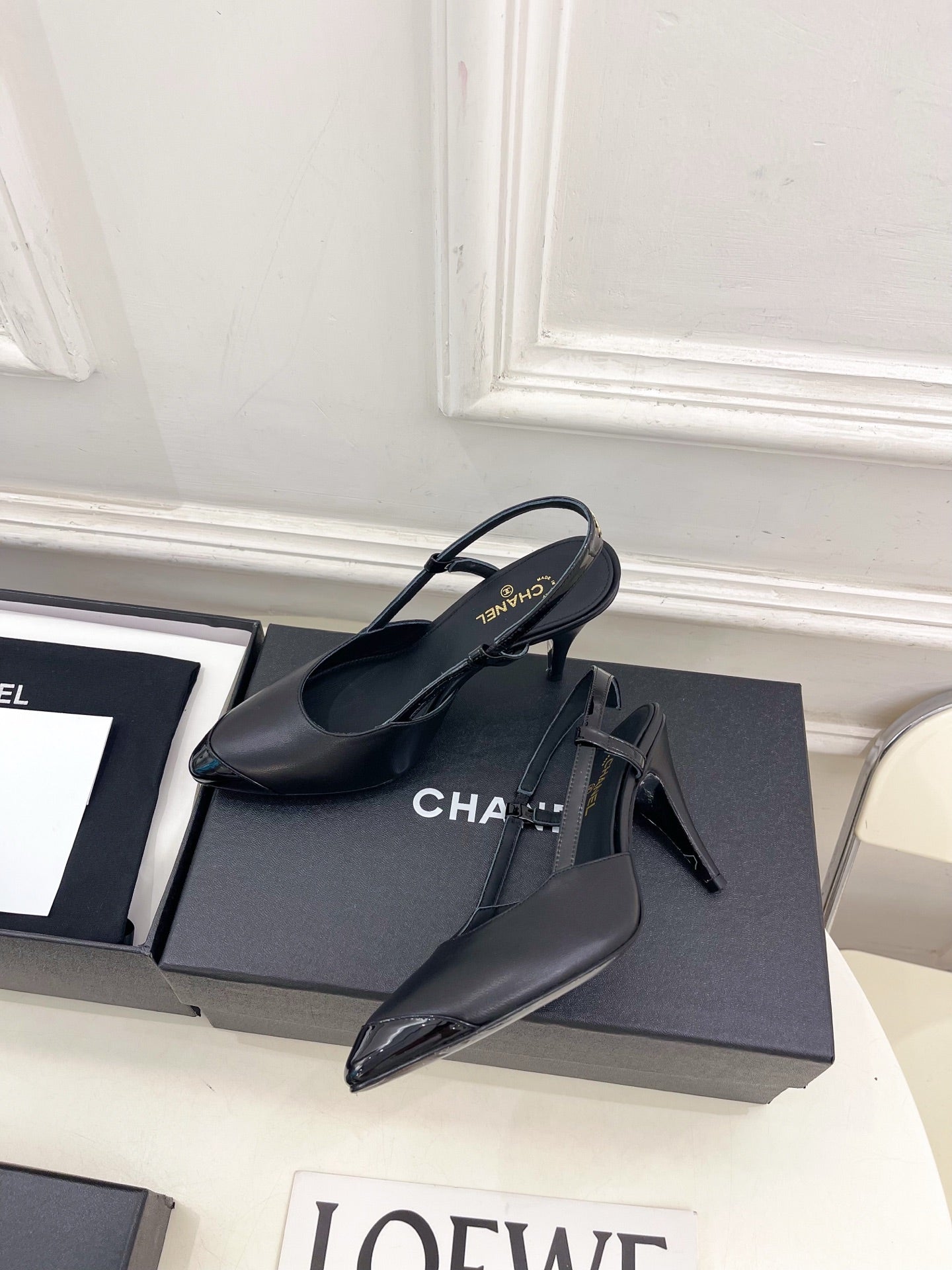 CHANEL 26S POINTED TOE SLINGBACK PUMPS 90 MM IN BLACK LAMBSKIN