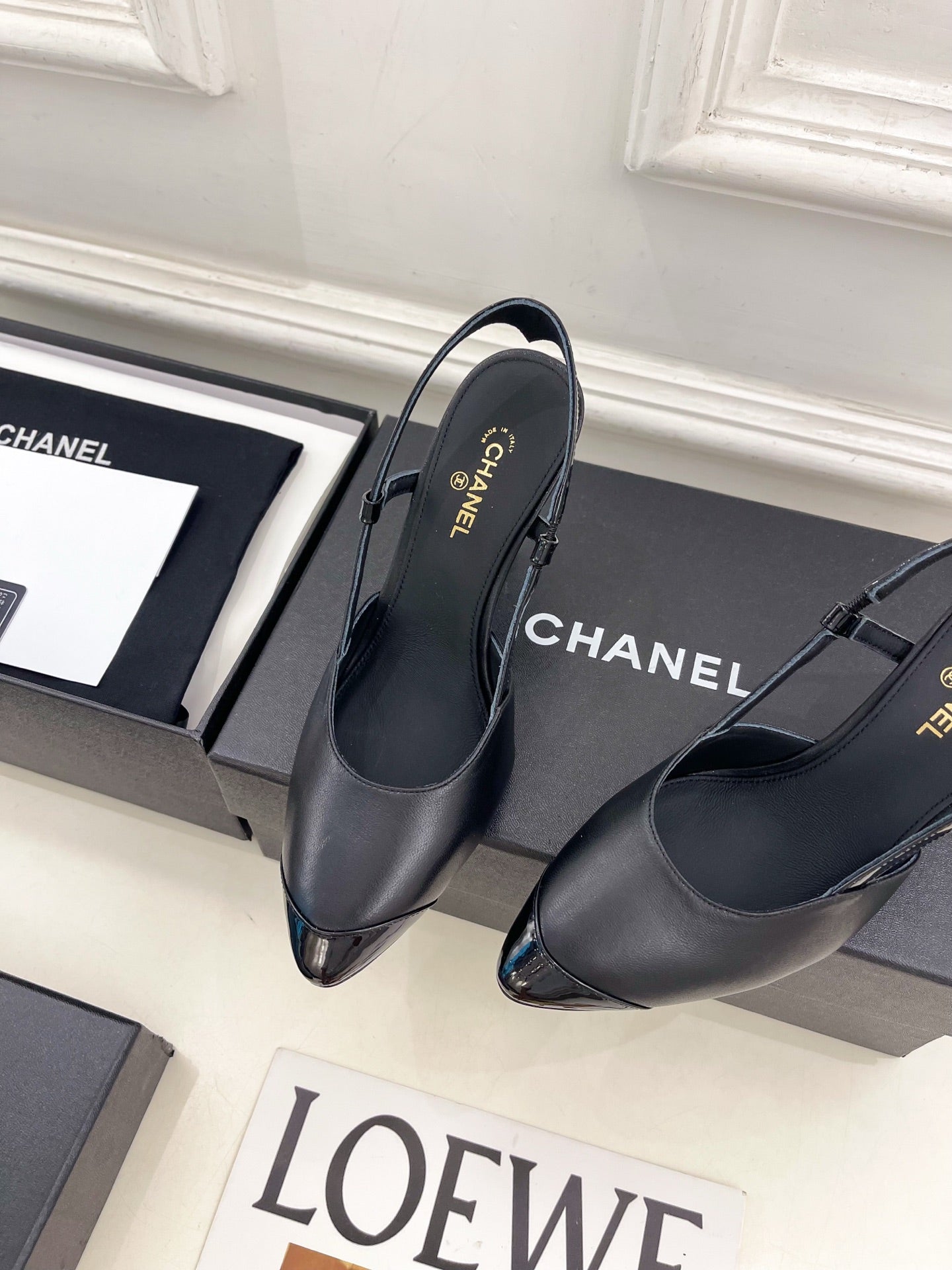 CHANEL 26S POINTED TOE SLINGBACK PUMPS 90 MM IN BLACK LAMBSKIN
