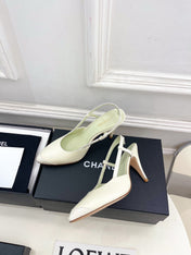 CHANEL 26S POINTED TOE SLINGBACK PUMPS 90 MM IN WHITE LAMBSKIN