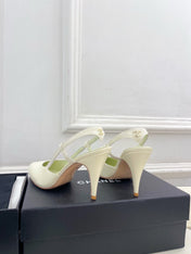 CHANEL 26S POINTED TOE SLINGBACK PUMPS 90 MM IN WHITE LAMBSKIN