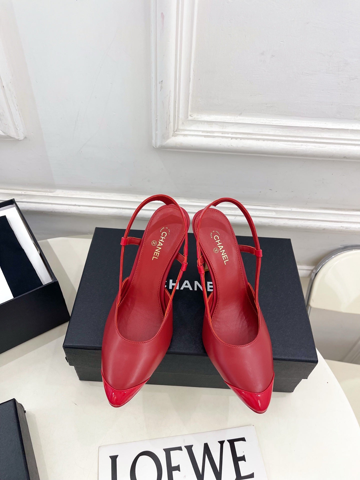 CHANEL 26S POINTED TOE SLINGBACK PUMPS 90 MM IN RED LAMBSKIN