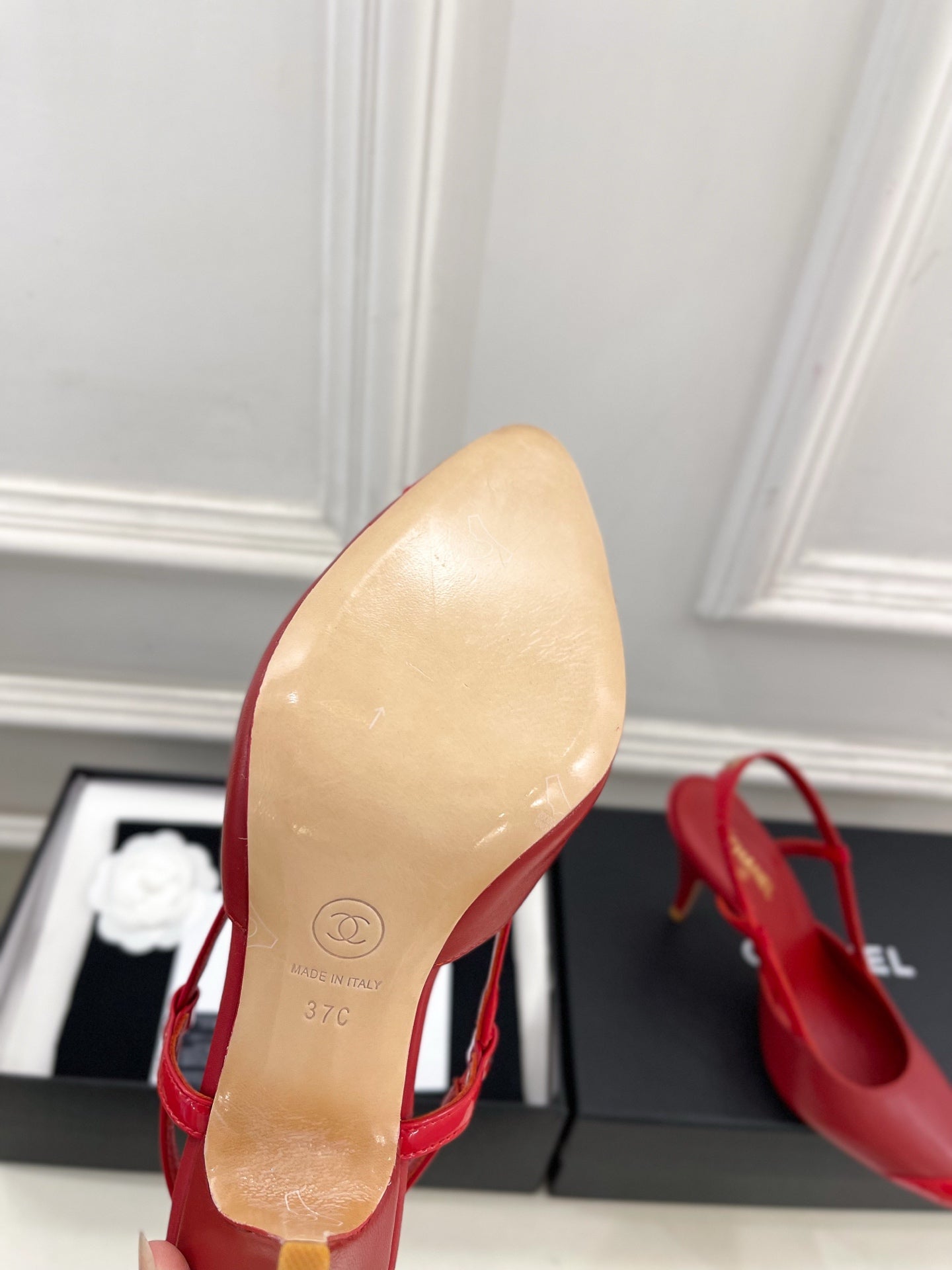 CHANEL 26S POINTED TOE SLINGBACK PUMPS 90 MM IN RED LAMBSKIN