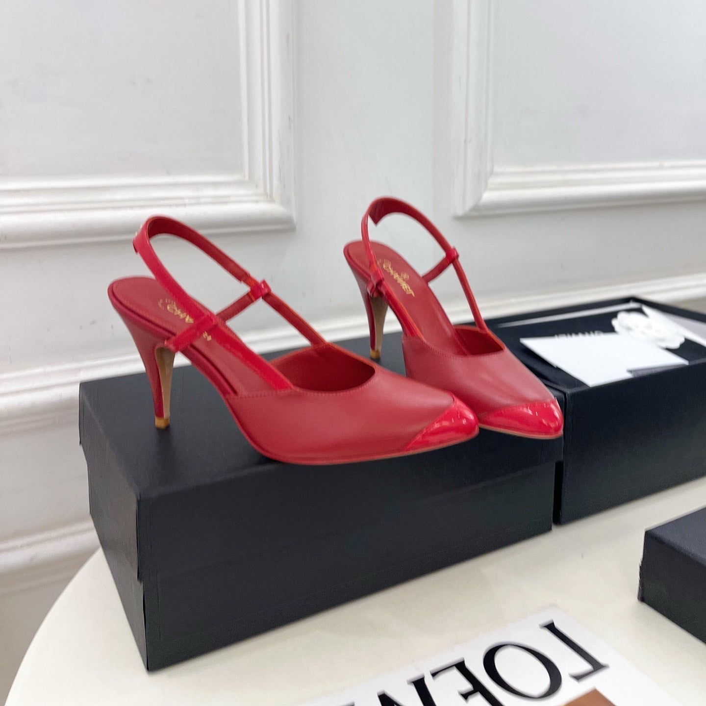 CHANEL 26S POINTED TOE SLINGBACK PUMPS 90 MM IN RED LAMBSKIN