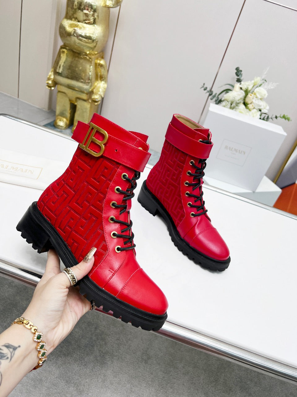 BALMAIN 26S BOOTS IN RED CALFSKIN AND SUEDE