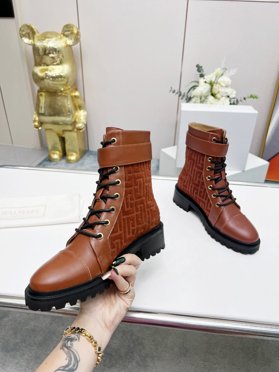 BALMAIN 26S BOOTS IN RUST BROWN CALFSKIN AND SUEDE