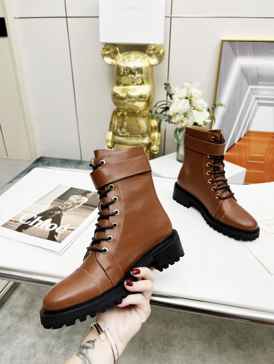 BALMAIN 26S BOOTS IN BROWN CALFSKIN
