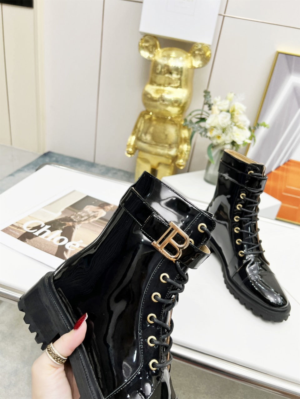 BALMAIN 26S BOOTS IN BLACK GLOSSY CALFSKIN