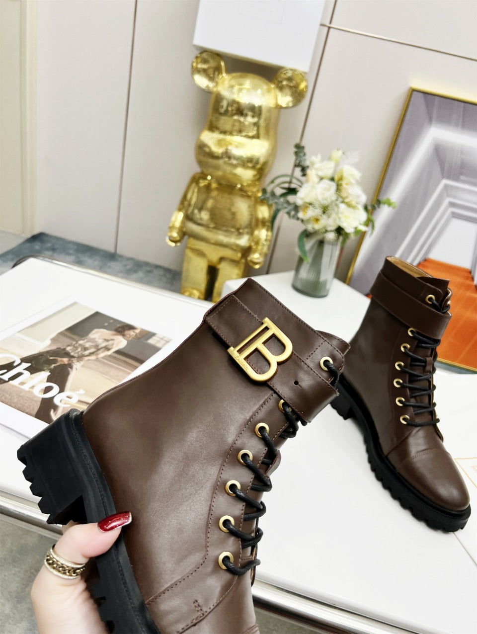 BALMAIN 26S BOOTS IN DARK BROWN CALFSKIN