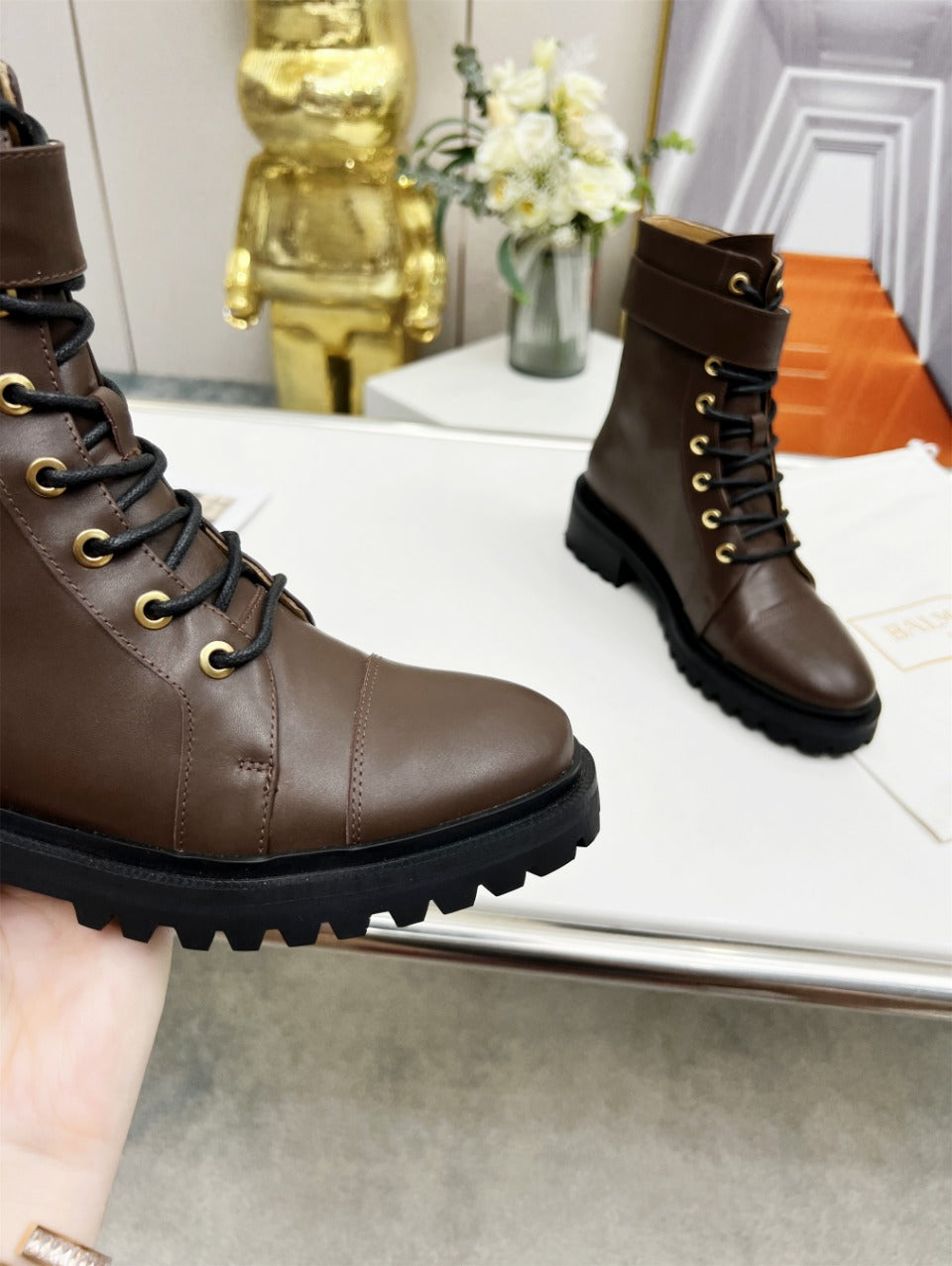 BALMAIN 26S BOOTS IN DARK BROWN CALFSKIN
