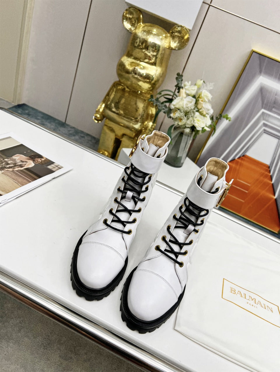 BALMAIN 26S COMBAT BOOTS IN WHITE CALFSKIN
