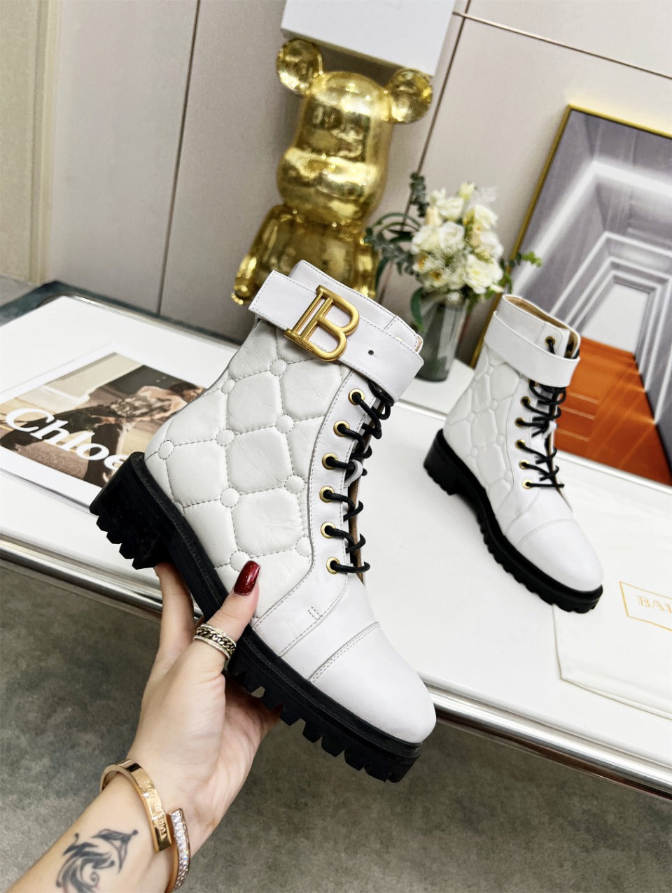 BALMAIN 26S COMBAT BOOTS IN WHITE CALFSKIN