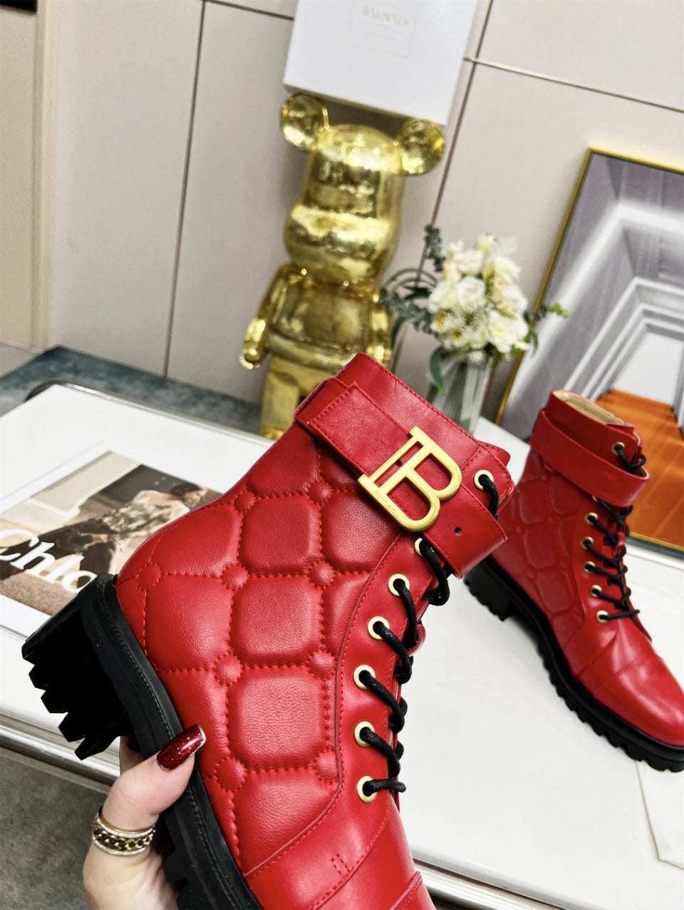 BALMAIN 26S COMBAT BOOTS IN RED CALFSKIN