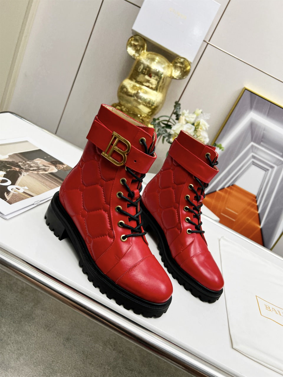 BALMAIN 26S COMBAT BOOTS IN RED CALFSKIN