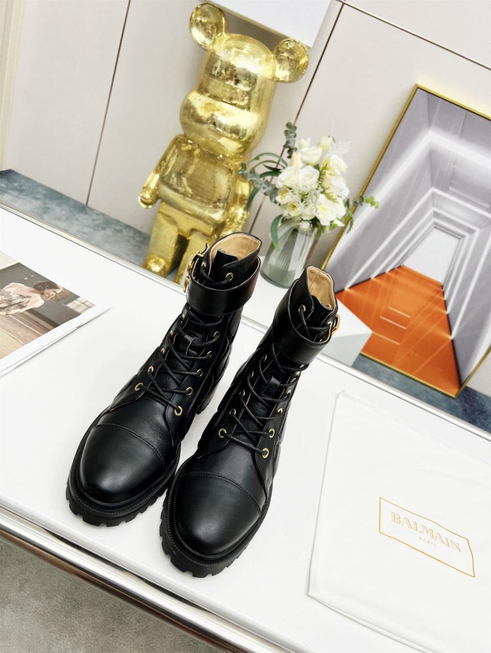 BALMAIN 26S COMBAT BOOTS IN BLACK CALFSKIN