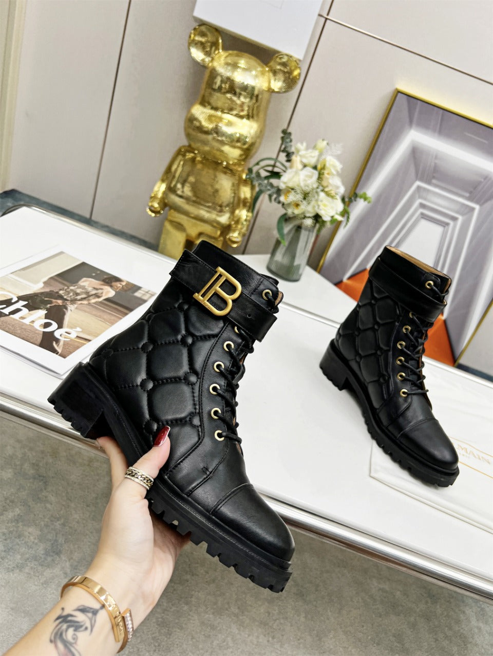 BALMAIN 26S COMBAT BOOTS IN BLACK CALFSKIN