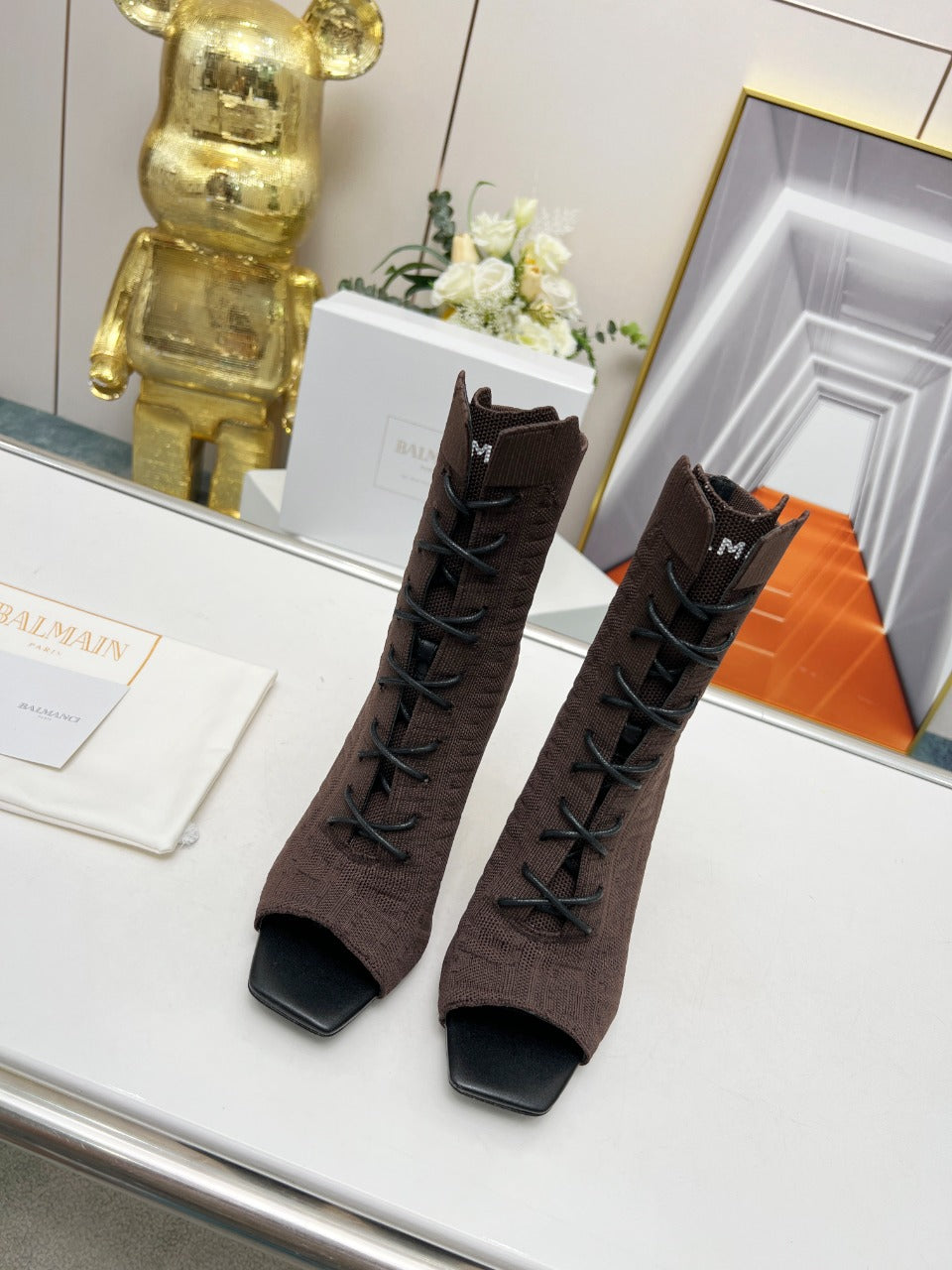 BALMAIN 26S LACE UP OPEN TOE BOOTS 95 MM IN DARK BROWN FLYKNIT