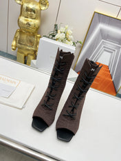 BALMAIN 26S LACE UP OPEN TOE BOOTS 95 MM IN DARK BROWN FLYKNIT