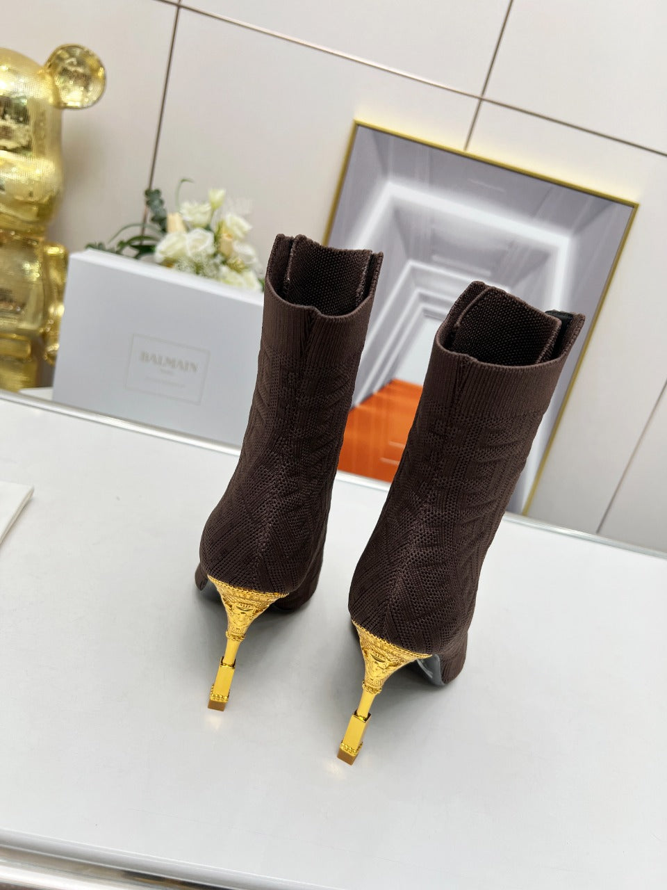 BALMAIN 26S LACE UP OPEN TOE BOOTS 95 MM IN DARK BROWN FLYKNIT