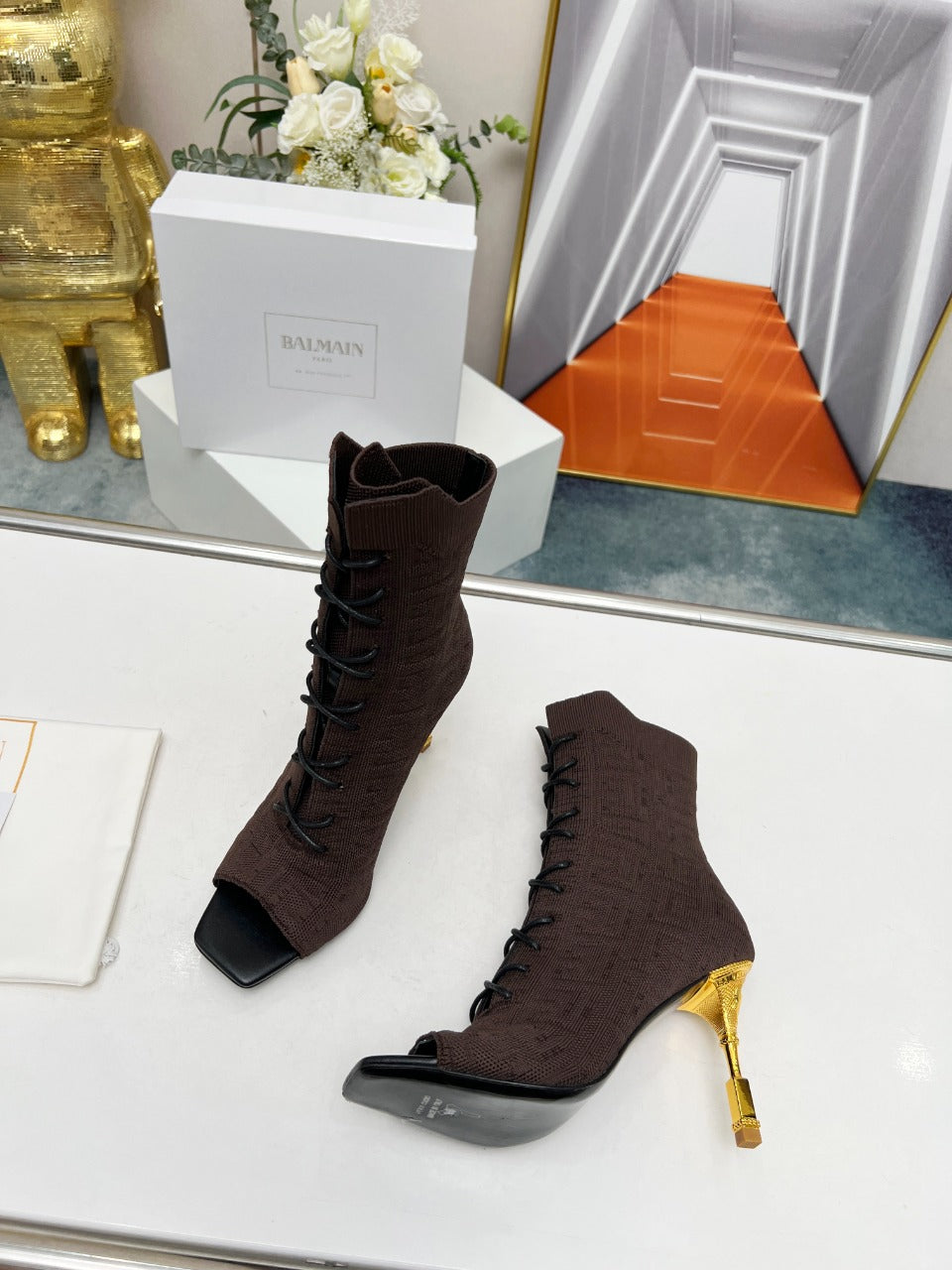 BALMAIN 26S LACE UP OPEN TOE BOOTS 95 MM IN DARK BROWN FLYKNIT