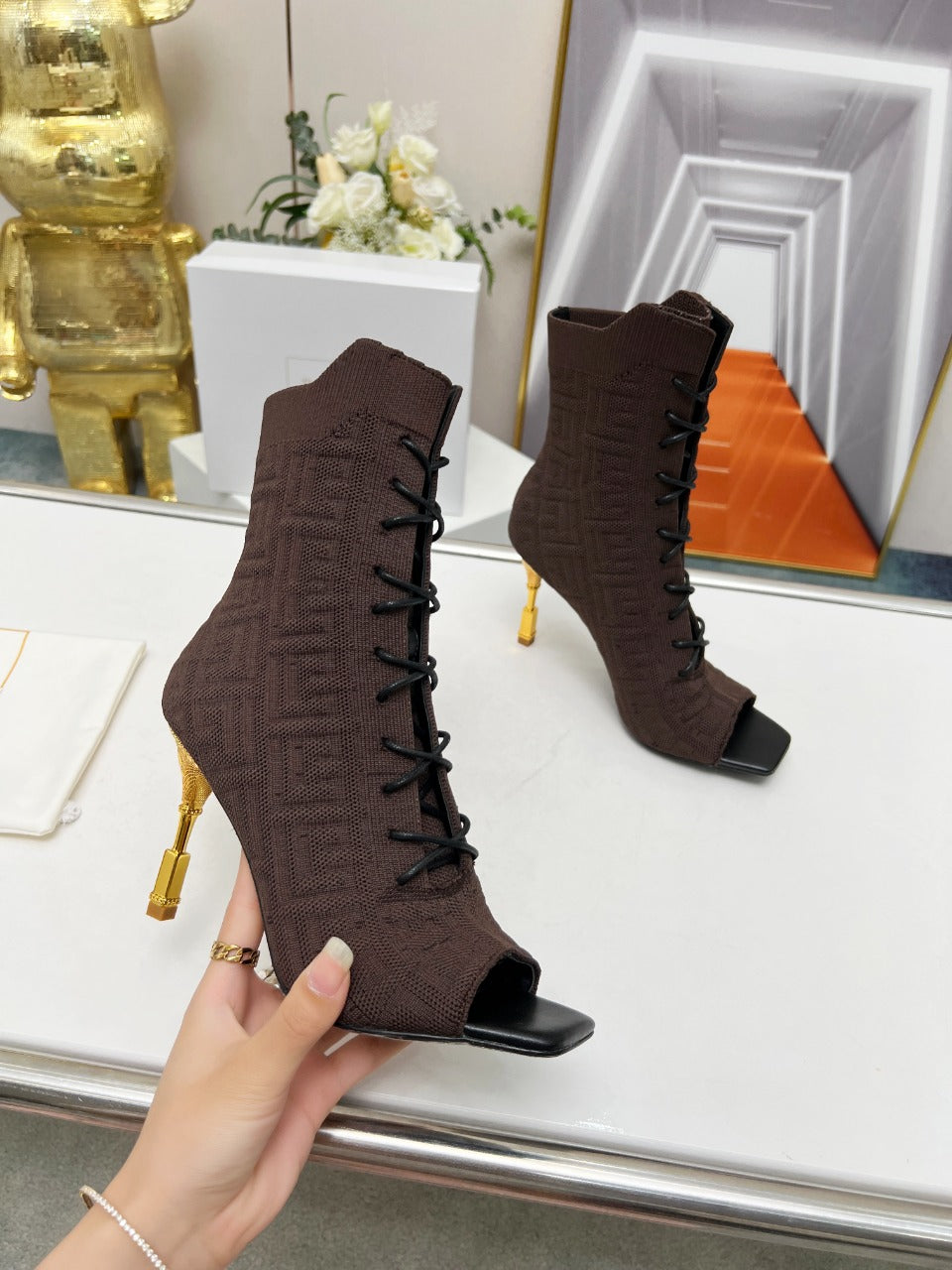 BALMAIN 26S LACE UP OPEN TOE BOOTS 95 MM IN DARK BROWN FLYKNIT