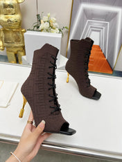 BALMAIN 26S LACE UP OPEN TOE BOOTS 95 MM IN DARK BROWN FLYKNIT
