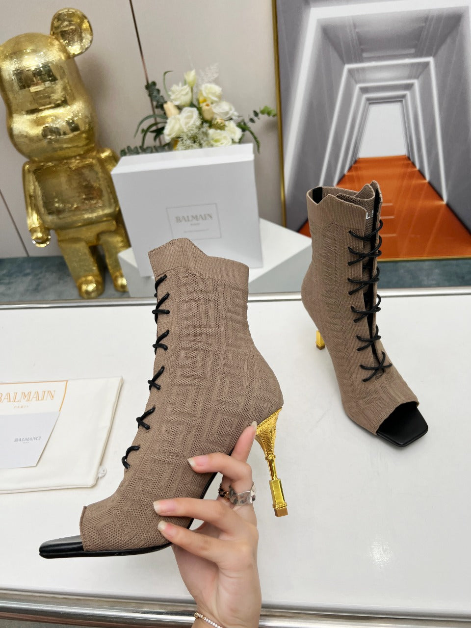 BALMAIN 26S LACE UP OPEN TOE BOOTS 95 MM IN GRAYISH BROWN FLYKNIT