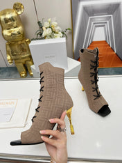 BALMAIN 26S LACE UP OPEN TOE BOOTS 95 MM IN GRAYISH BROWN FLYKNIT