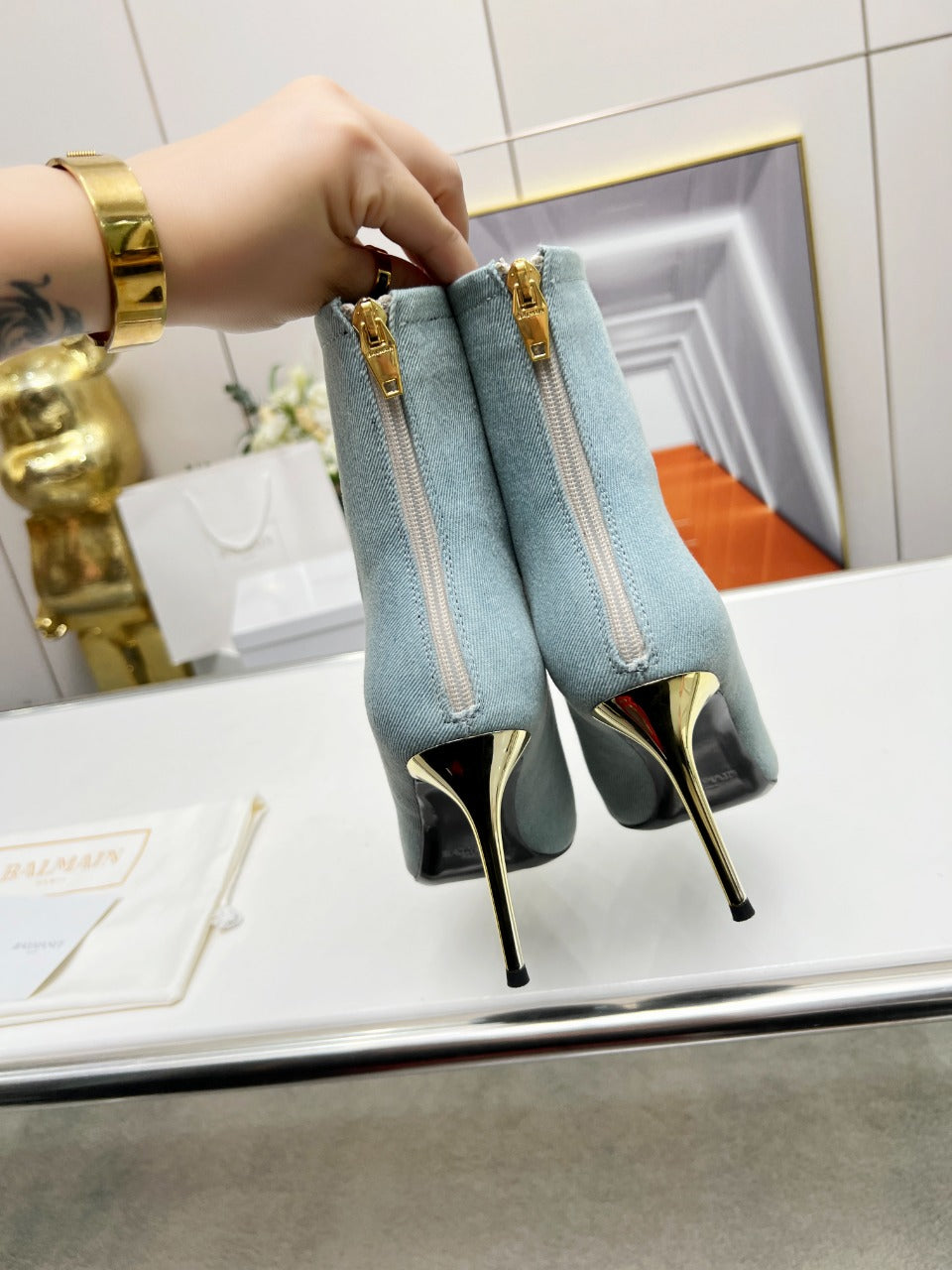 BALMAIN 26S BOOTS 95 MM IN LIGHT BLUE DENIM