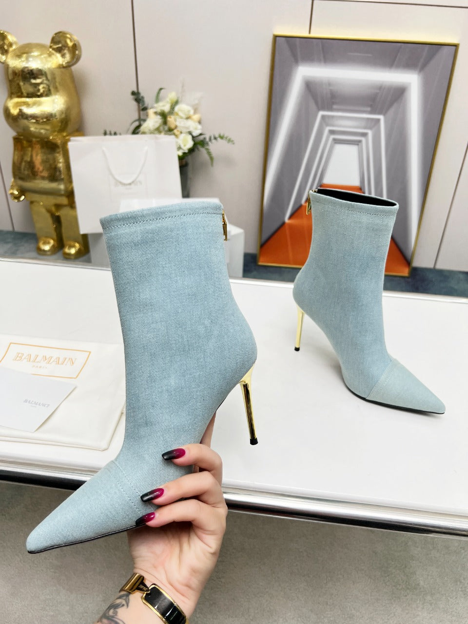 BALMAIN 26S BOOTS 95 MM IN LIGHT BLUE DENIM