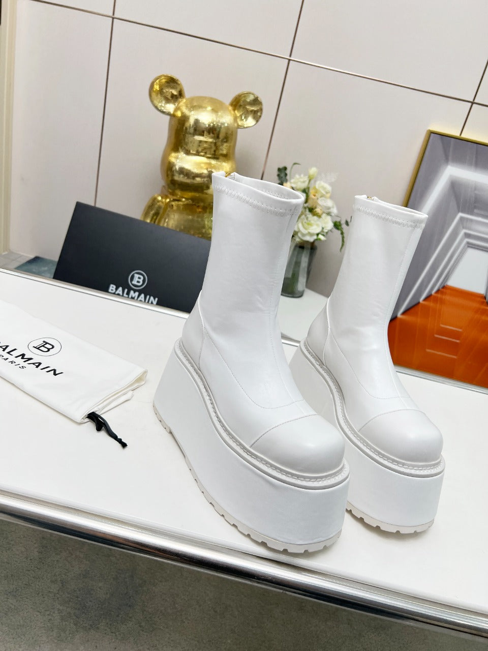 BALMAIN 26S PLATFORM BOOTS 100 MM IN WHITE CALFSKIN