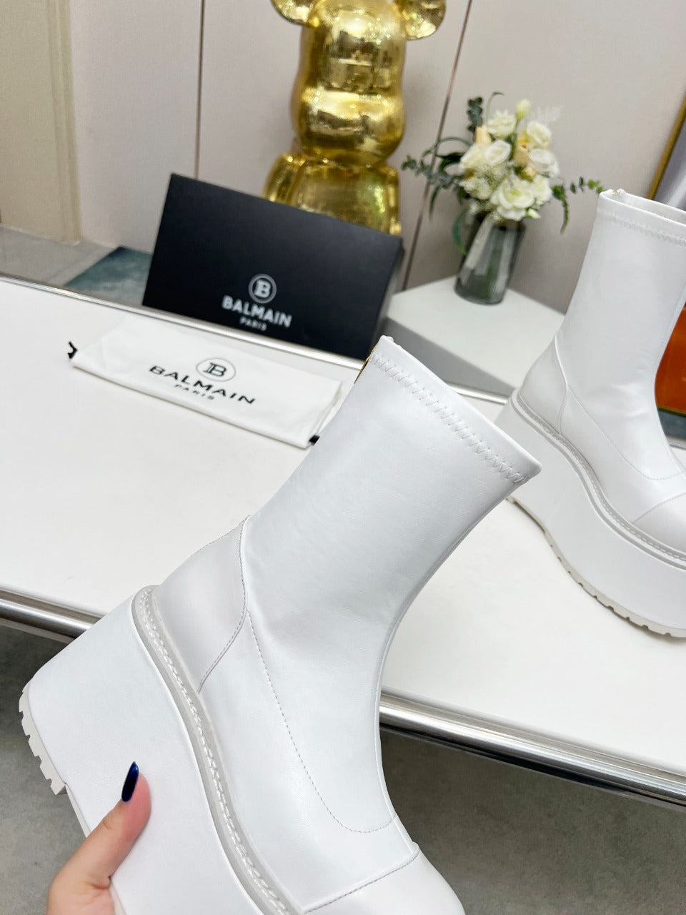 BALMAIN 26S PLATFORM BOOTS 100 MM IN WHITE CALFSKIN
