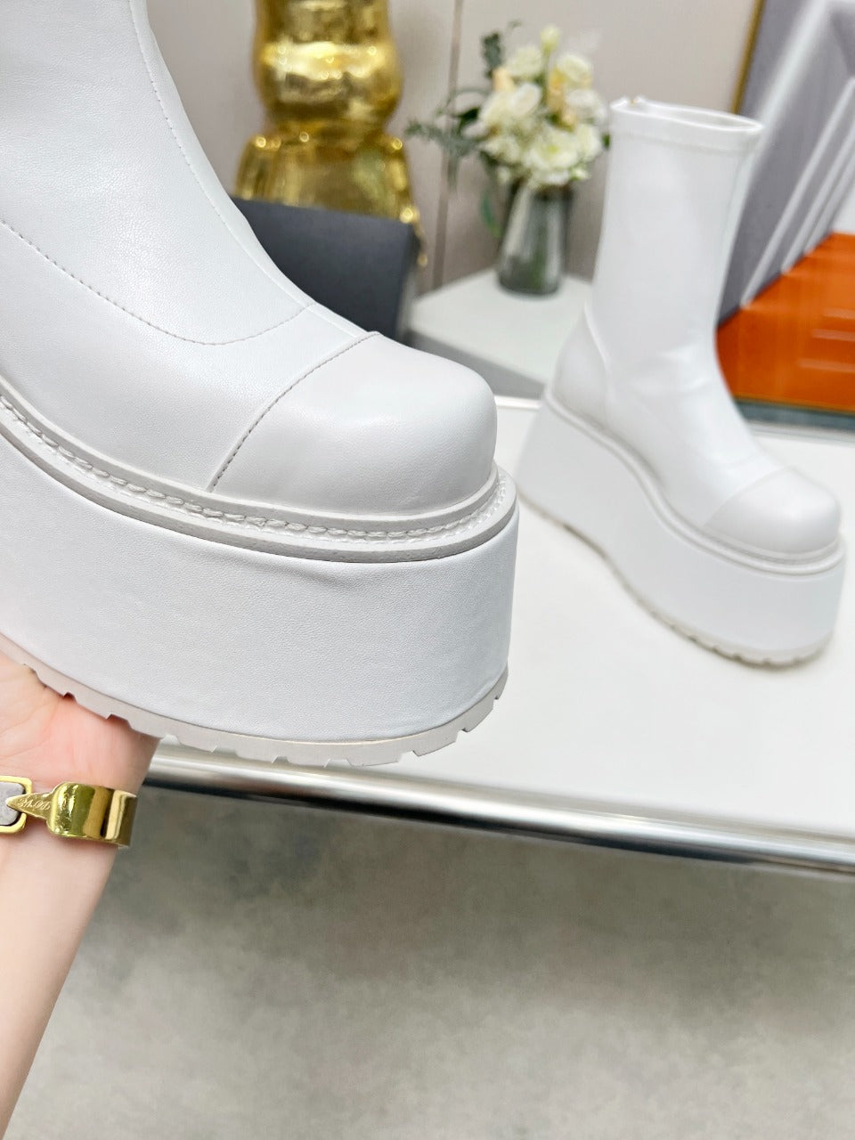 BALMAIN 26S PLATFORM BOOTS 100 MM IN WHITE CALFSKIN