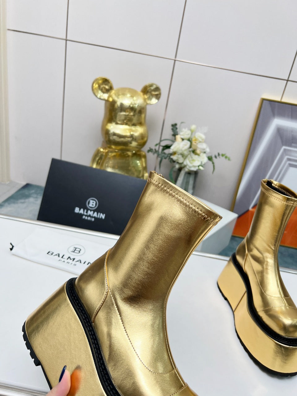 BALMAIN 26S PLATFORM BOOTS 100 MM IN GOLD METALLIC CALFSKIN