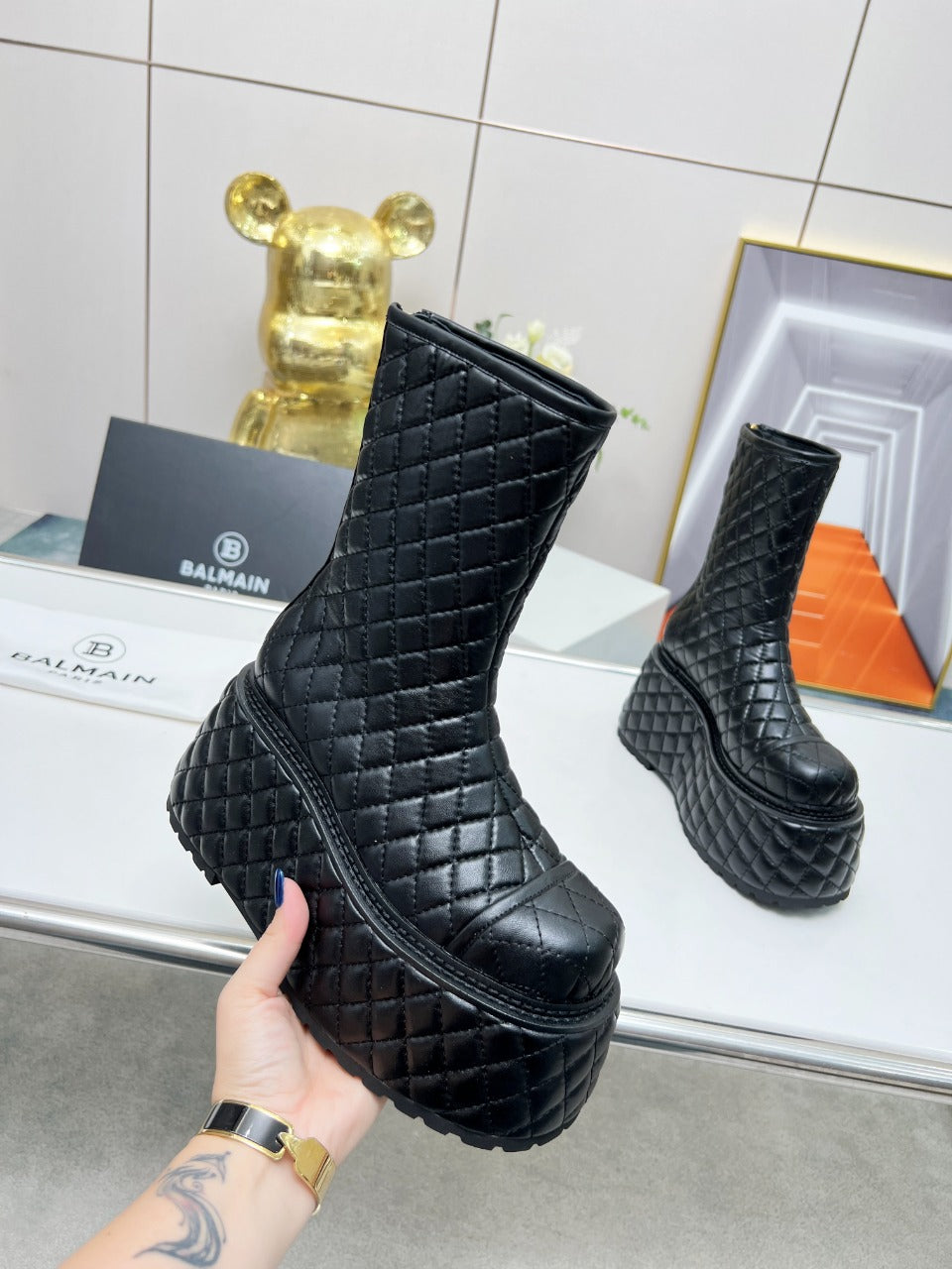 BALMAIN 26S PLATFORM BOOTS 100 MM IN BLACK LAMBSKIN