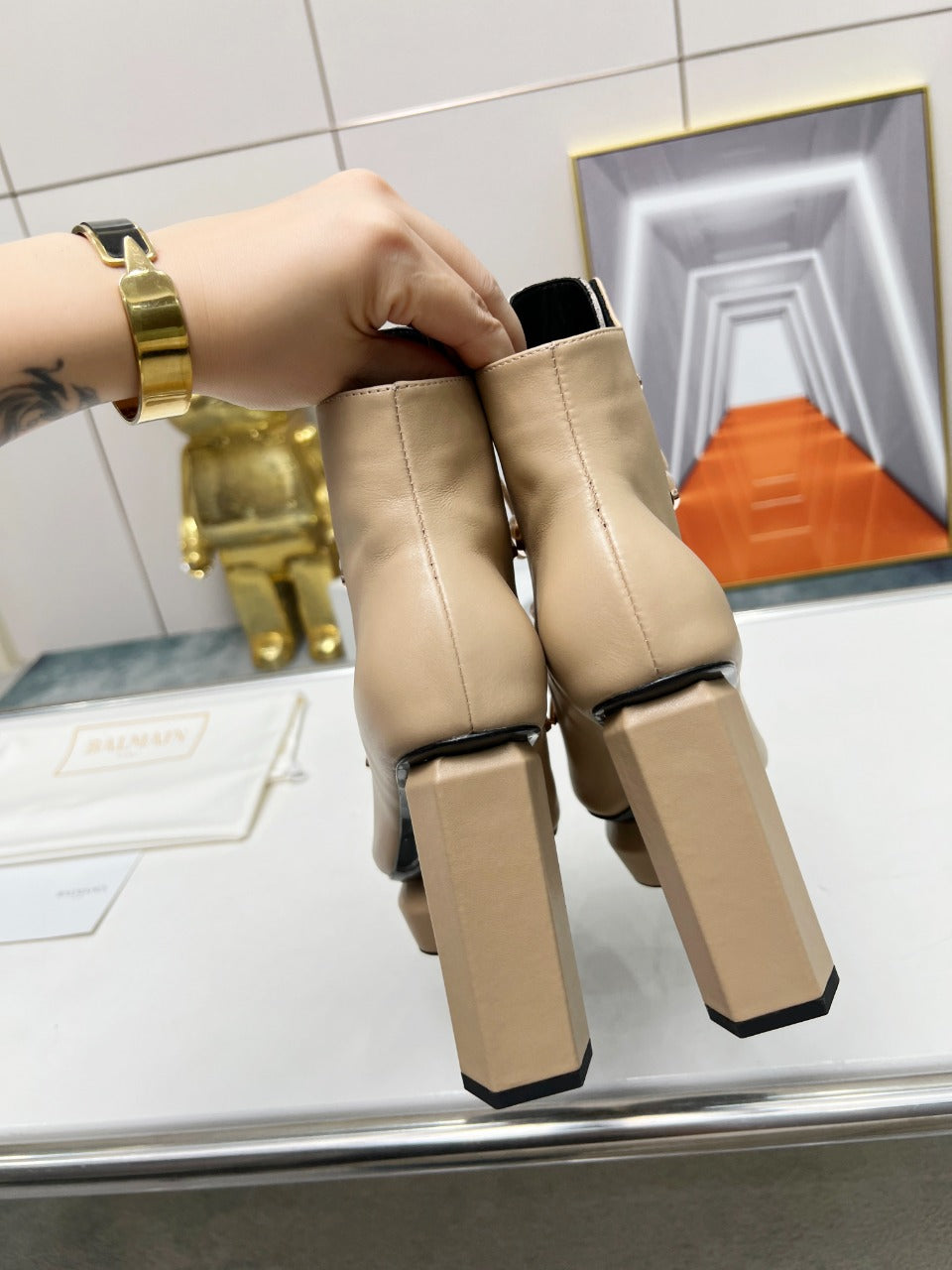 BALMAIN 26S OPEN-TOE BOOTS 115 MM IN DARK BEIGE CALFSKIN PEARL-EMBELLISHED