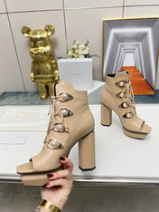 BALMAIN 26S OPEN-TOE BOOTS 115 MM IN DARK BEIGE CALFSKIN PEARL-EMBELLISHED